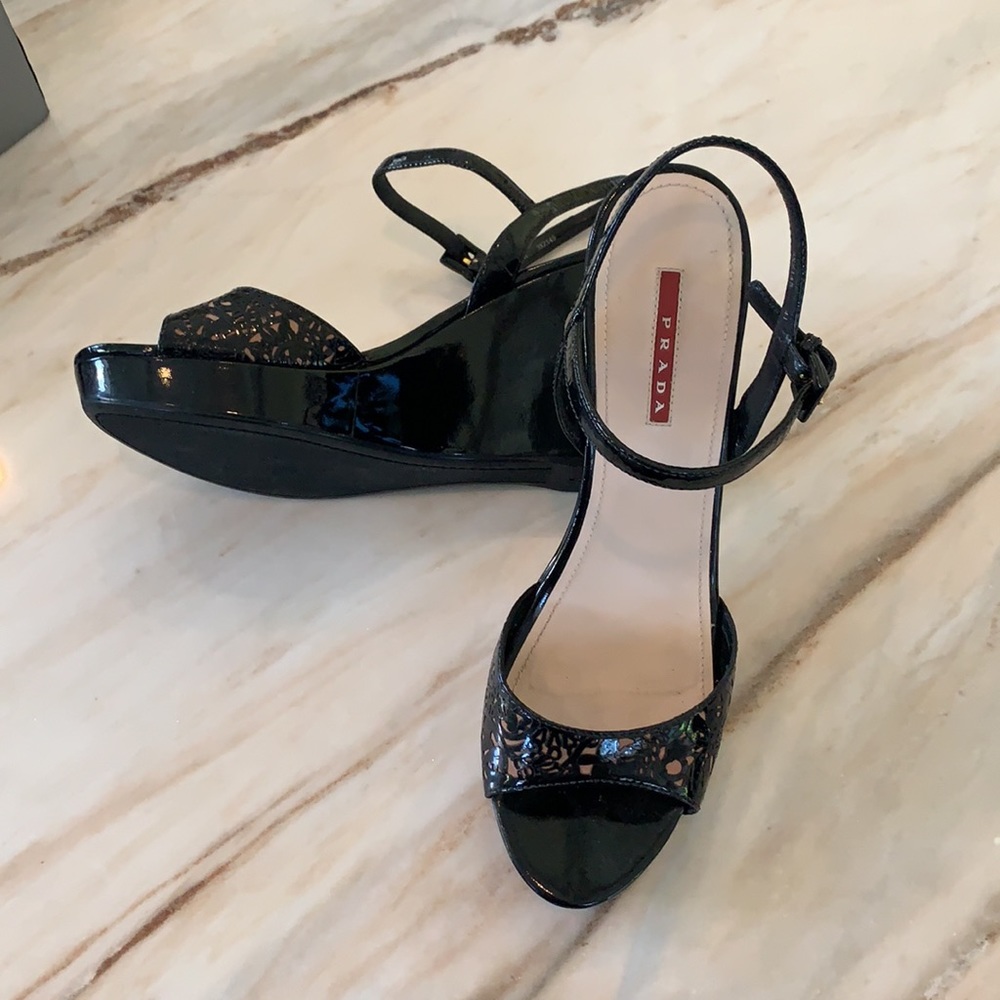 Prada Black Patent Leather Wedges
